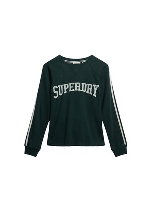 Sweat-shirt vert à côtes avec le logo "SUPERDRY" en blanc, manches raglan et deux rayures blanches sur chaque bras. Col rond, coupe décontractée.
