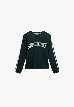 Sweat-shirt vert à côtes avec le logo "SUPERDRY" en blanc, manches raglan et deux rayures blanches sur chaque bras. Col rond, coupe décontractée.