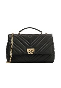 Borsa a tracolla in pelle nera con motivo a losanghe, hardware dorato, manico superiore e tracolla a catena removibile.