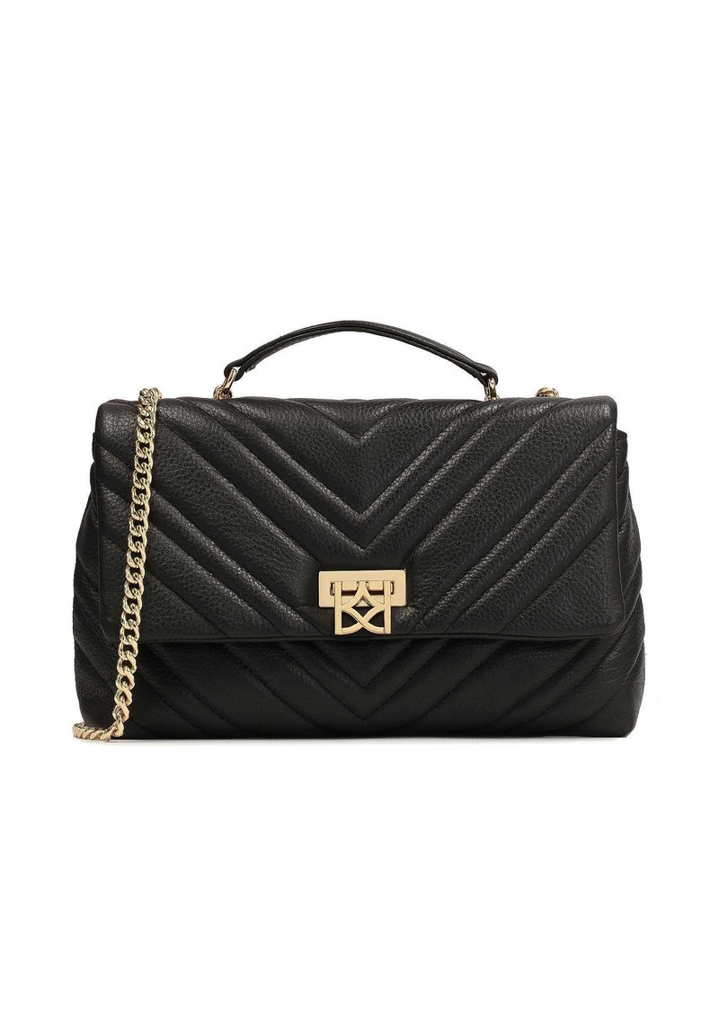 Borsa a tracolla in pelle nera con motivo a losanghe, hardware dorato, manico superiore e tracolla a catena removibile.