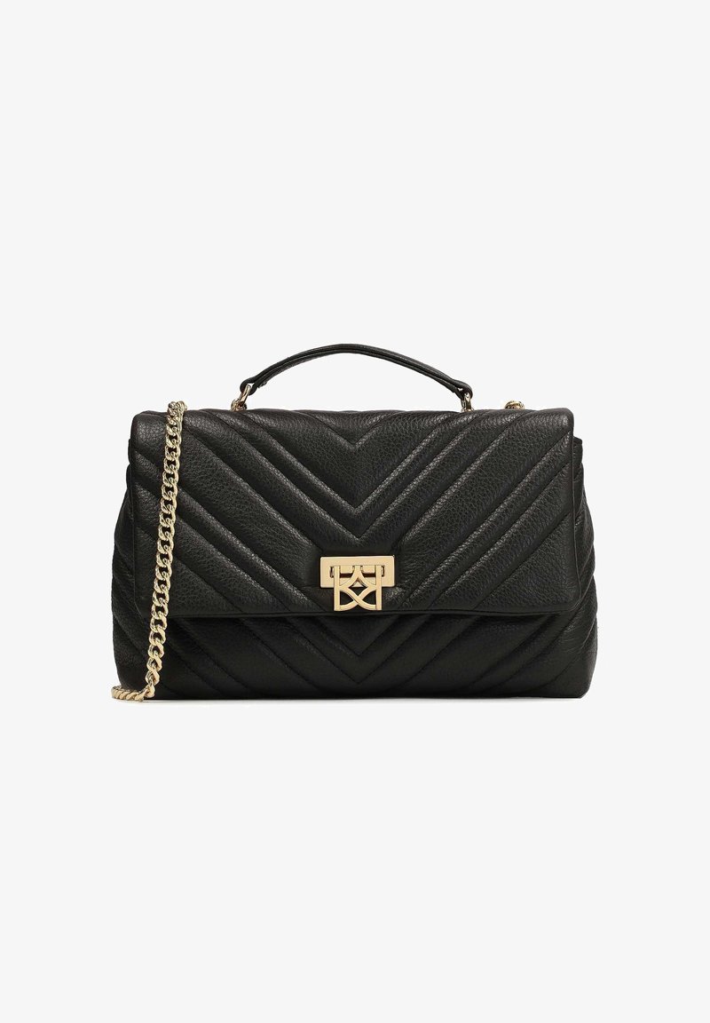 Schwarze Lederhandtasche mit Zickzacksteppung, goldenen Beschlägen, einem oberen Griff und einem abnehmbaren Kettenriemen.