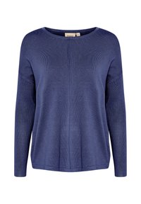 Pulover bleumarin, cu mânecă lungă, cu guler rotund. Are un model texturat și o siluetă lejeră cu deschideri laterale.
