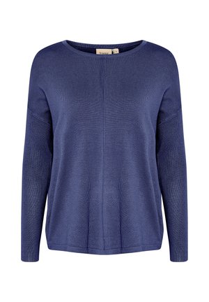 Tengerészkék, hosszú ujjú pulóver, kerek nyakkivágással. Texturált kötött mintával és laza sziluettel rendelkezik, oldalsó hasítékokkal.