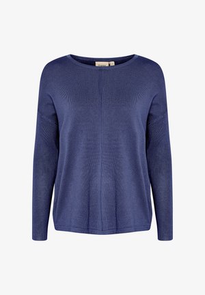 Marineblå, langærmet sweater med rund halsudskæring. Har et struktureret strikkemønster og en afslappet silhuet med sidelæg.