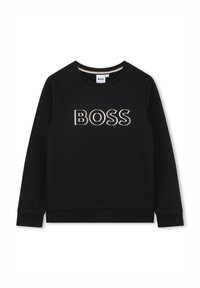 Black sweatshirt made of cotton, features a round neckline, long sleeves, and the word "BOSS" in a contrasting color on the front.
