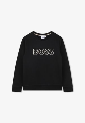 Felpa nera in cotone, con scollatura rotonda, maniche lunghe e la parola "BOSS" in un colore a contrasto sul davanti.
