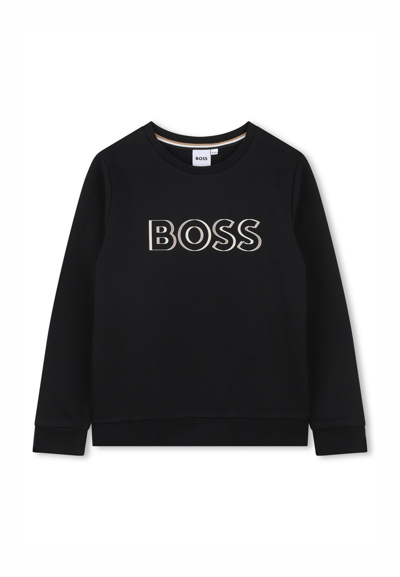 Black sweatshirt made of cotton, features a round neckline, long sleeves, and the word "BOSS" in a contrasting color on the front.