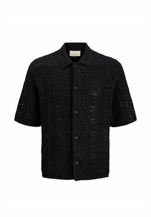 Chemise noire à manches courtes avec boutons, motif en maille ajourée formant des carrés et un col uni.