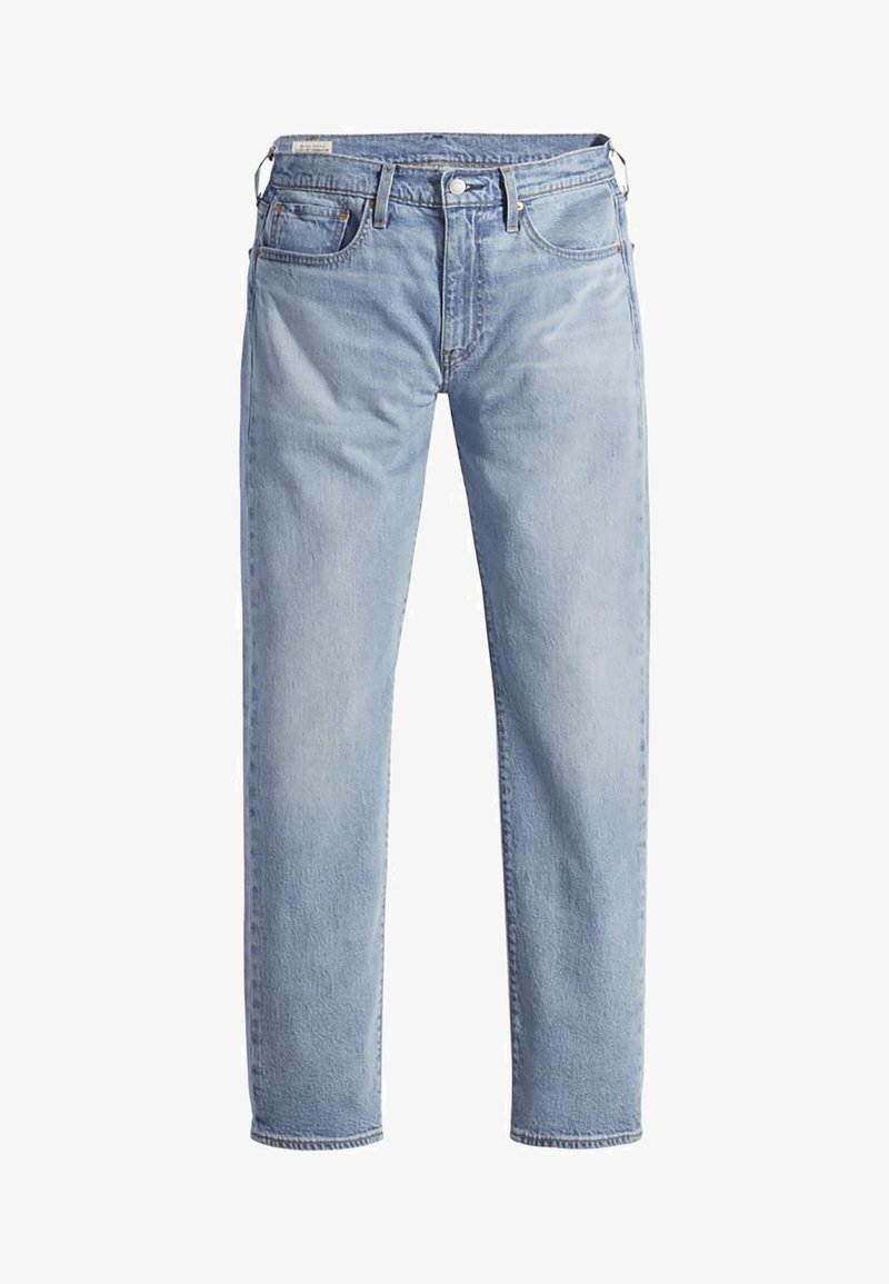 Lys blå denimjeans med lige ben-design, fem lommer og knaplukning. Har en falmet tekstur og kontrasterende syninger.