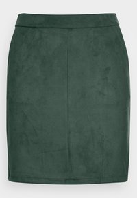 Krátká zelená sukně vyrobená z měkkého, semišovému materiálu. Má přiléhavý siluetu, hladkou texturu a čistý, jednoduchý design.