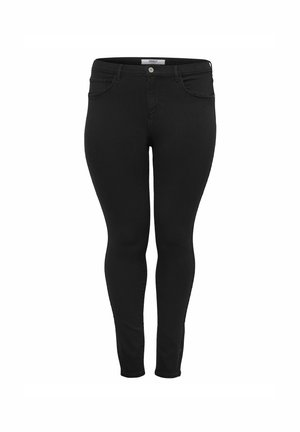 Jeans skinny noirs en denim. Comprend cinq poches, fermeture à bouton à l'avant et une texture lisse. Pas de motifs ni d'embellissements visibles.