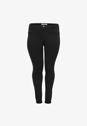 Czarne skinny jeans wykonane z dżinsu. Posiadają pięć kieszeni, zapięcie na guzik z przodu oraz gładką teksturę. Brak widocznych wzorów lub zdobień.