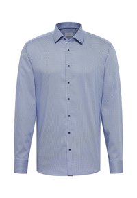 Lange mouwen shirt in blauwtinten, met een ruitpatroon, klassieke kraag en marineblauwe knopen. Gemaakt van gladde stof met een getailleerde pasvorm.