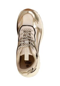 Sneaker chunky con una parte superiore in rete crema, dettagli in oro metallico e dettagli neri. Presenta una suola testurizzata e lacci decorati. Taglia 39.