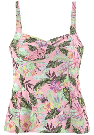 Débardeur à imprimé floral en rose, présentant des feuilles vertes et des fleurs colorées. Fabriqué en tissu lisse avec des bretelles fines et réglables.