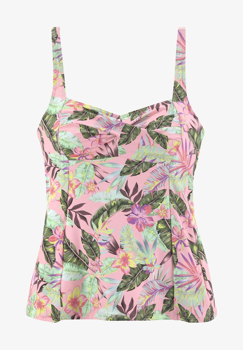 Ärmelloses Top mit Blumenmuster in Pink, das grüne Blätter und bunte Blumen zeigt. Hergestellt aus glattem Stoff mit dünnen verstellbaren Trägern.