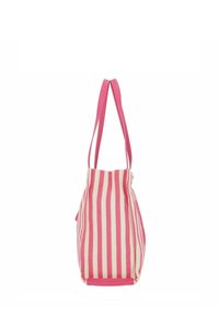 Sac fourre-tout rayé en crème et rose, avec deux poignées en rose et une texture en tissu doux, doté d'un fond structuré.