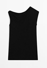 Black, one-shoulder top with a draped neckline and asymmetrical cut. Soft, smooth fabric with no visible patterns or hardware details.