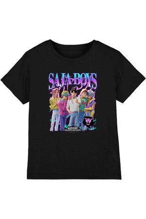 Black T-shirt with colorful graphic of five animated male K-pop characters under "SAJA BOYS" text and "KPOP DEMON HUNTERS" logo.