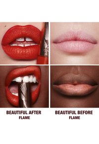 Four close-up shots of diverse lips before and after applying bright red lipstick named Flame, showing smooth, vibrant color and texture.