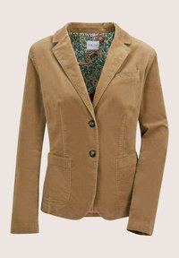 Tan Cordblazer mit zwei Fronttaschen, Reverskragen, zwei Knöpfen und floral gemustertem Innenfutter.