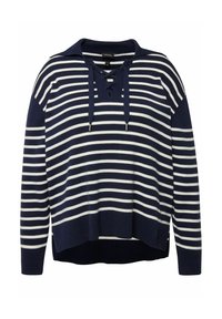 Pullover in Marineblau und Weiß mit gestreiftem Design, Rundhalsausschnitt, Kordelzug und lockerer Passform. Ribbedetails an den Bündchen und dem Saum, weiche Stricktextur.