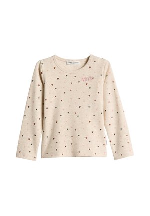 Beige langärmelig overhemd voor kinderen met kleine meerkleurige hartpatronen en "MOP" geborduurd op de borst, ronde halslijn.
