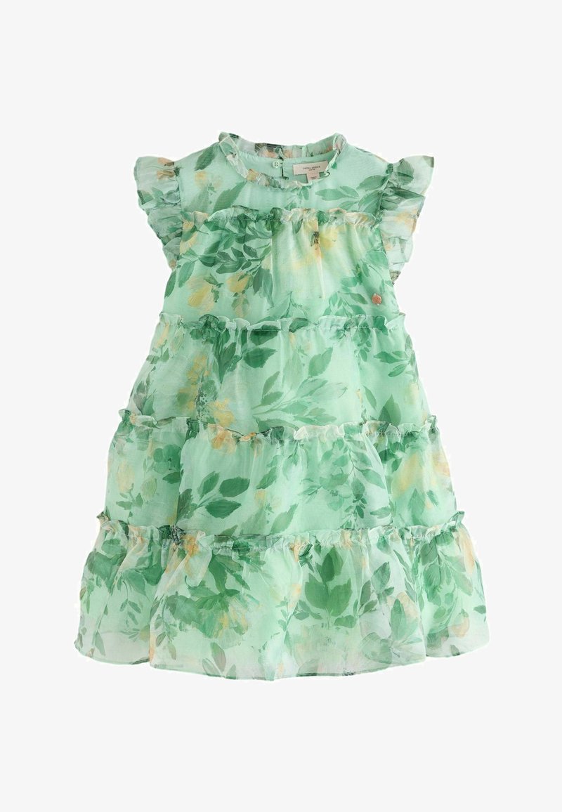 Zelené kvetinové šaty s vrstvenými volánmi, volánovými rukávmi a okrúhlym výstrihom. Má vzor listov v rôznych odtieňoch zelenej a žltej.