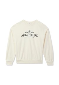 Maglione cremoso con girocollo, polsini e orlo a coste. Presenta scritte nere: "ART des FLEURS" e disegni floreali. Tessuto morbido.