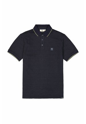Polaire navy en tissu texturé, avec un plastron à deux boutons et des bords de col et de manches en olive contrasté, arborant un petit logo sur la poitrine.