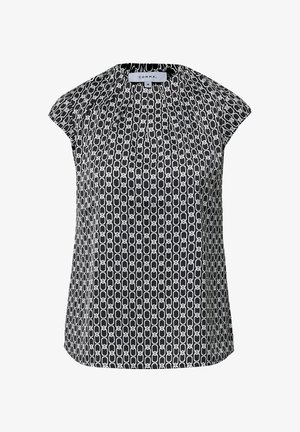 Czarna bezrękawnik z białym wzorem ogniw łańcuszka, okrągłym dekoltem i subtelnymi plisami z przodu, które dodają tekstury.