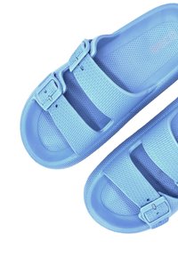 Light blue plastic sandals with two adjustable straps, textured surface, circular sole, and ventilated footbed.