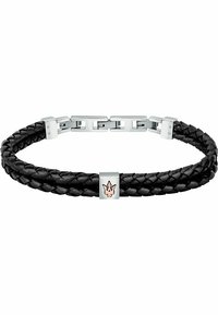 Bracciale in pelle intrecciata nera con accenti metallici argento e chiusura quadrata. Dettaglio del logo centrato in oro rosa.