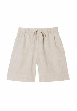 Svetlobéžové ľanové kraťasy s elastickým pásom a šnúrkou, s voľným strihom a dvoma prednými náprsnými vreckami.