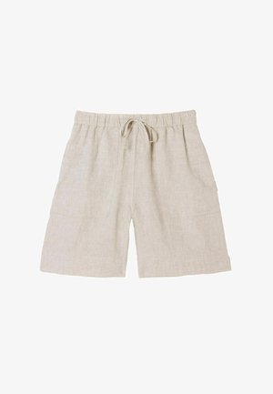 Light beige linen shorts with an elastic waistband and drawstring, featuring a relaxed fit and two front patch pockets.