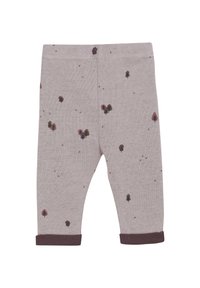 Lichtgrijze leggings van zachte katoen, met verspreide boompatronen in donkergroen, paars en roze. Omgeslagen broekspijpen in donkerbruin.