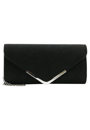 Zwarte rechthoekige clutch met zilveren driehoekige metalen accent en afneembare kettingriem, eenvoudig en elegant ontwerp.