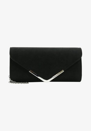Czarna prostokątna torebka typu clutch ze srebrnym trójkątnym metalowym akcentem i odpinanym łańcuszkiem, prosty i elegancki design.