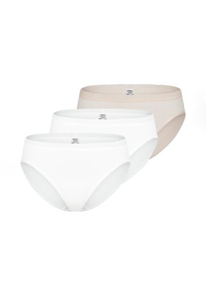Three women's cotton briefs in beige and white, with lace trim at the waistband, arranged overlapping on a white background.