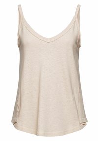 Débardeur beige sans manches à col en V, coutures latérales et légère courbe à l'ourlet, fabriqué en tissu doux et léger.