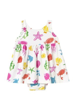 Vestido de baño con estampado colorido de temática submarina en tonos rosas, azules y verdes. Cuenta con tirantes con volantes y una parte inferior a juego. Fabricado con un tejido ligero.