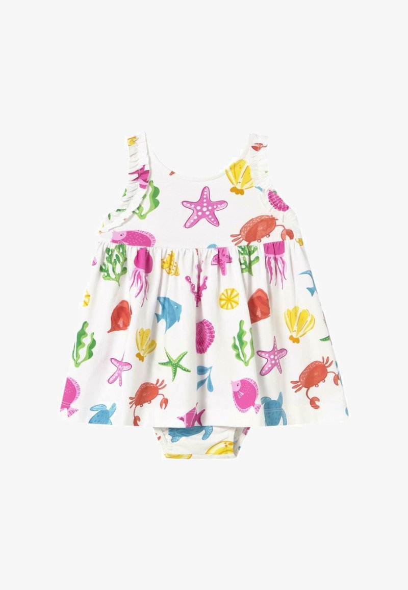 Vestido de baño con estampado colorido de temática submarina en tonos rosas, azules y verdes. Cuenta con tirantes con volantes y una parte inferior a juego. Fabricado con un tejido ligero.