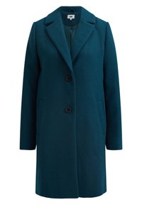 Teal ullblandad kappa med snedkrage, två svarta knappar, sidofickor och rak skärning. Slät, texturerad tyg.