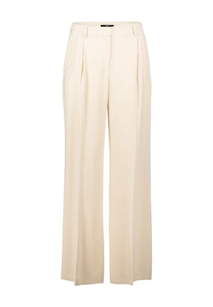 Pantaloni a gamba larga beige con vita alta, caratterizzati da pieghe sul davanti, realizzati in tessuto morbido, progettati per un fit rilassato.
