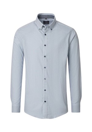 Langärmeliges Hemd mit Knopfleiste in Hellblau mit geometrischem Muster, ausgestattet mit einem klassischen Kragen und dunkelblauen Knöpfen.