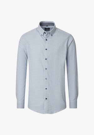 Langärmeliges Hemd mit Knopfleiste in Hellblau mit geometrischem Muster, ausgestattet mit einem klassischen Kragen und dunkelblauen Knöpfen.