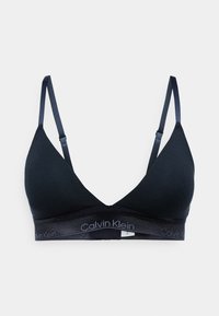 Bralette en coton noir avec des bonnets triangulaires, des bretelles réglables et une finition lisse. Il présente une bande élastique avec logo en bas.