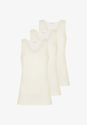 Tre canotte beige con scollo ampio e design senza maniche, realizzate in un materiale liscio e leggero. Semplici e senza decorazioni.