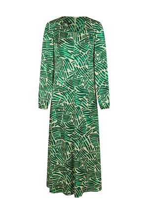 Long-sleeve midi dress with green abstract brushstroke pattern on a cream background and a V-neck collar.