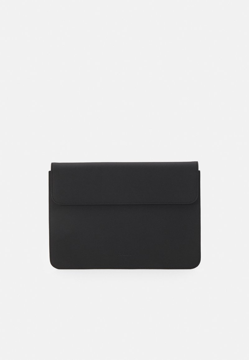 Black, envelope-style bag made of smooth material; features a flap closure and minimal branding; rectangular shape with clean lines.